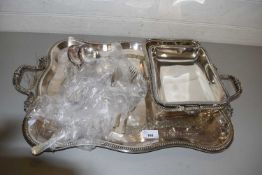 Silver plated serving tray together with assorted cutlery, serving dish etc