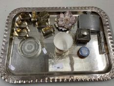 Mixed Lot: Silver plated tray containing various napkin rings, ink well, hip flask etc