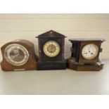 Victorian black slate and marble cased mantel clock together with two further wooden cased mantel