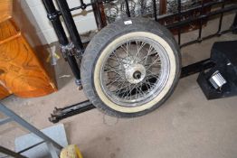 Motorbike wheel possibly from a Harley Davidson, diameter including tyre approx 62cm