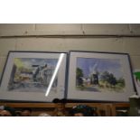 A pair of watercolours, one of Stoke Holy Cross, Norwich by other by Stow Mill, Eastern