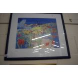 Coloured print, Spring Morning, Turkey, framed and glazed