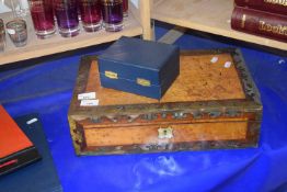 19th Century inlaid writing box, for restoration together with a boxed silver plated spoon and cup
