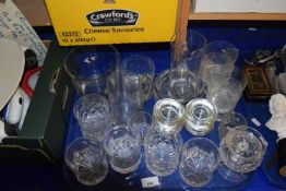 Quantity of assorted glass ware to include drinking glasses, water jugs, tumblers etc