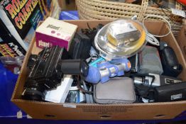 Box of assorted cameras and video cameras