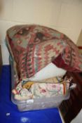 Quantity of assorted textiles and cushions to include a large cushion, needlepoint, eastern