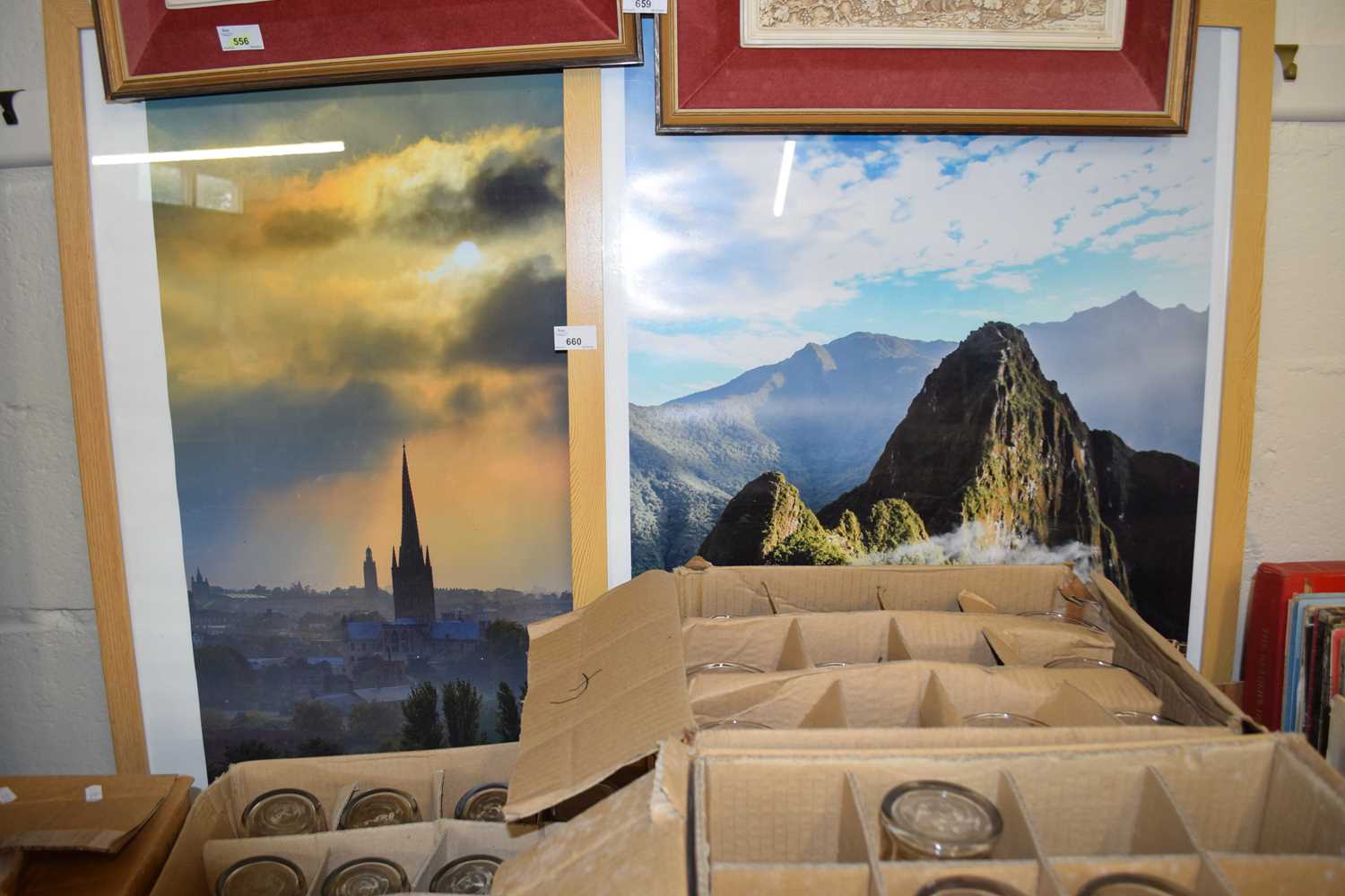 Pair of framed photographs of Matchu Pitchu and a cathedral