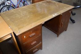LARGE KNEEHOLE DESK WITH THREE DRAWERS TO ONE SIDE AND CUPBOARD TO OTHER, APPROX 152CM WIDE