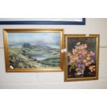 Mixed Lot: Study of a Highland scene, oil on board together with a still life study of flowers (2)