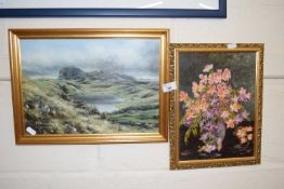 Mixed Lot: Study of a Highland scene, oil on board together with a still life study of flowers (2)