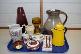 Mixed Lot: Various assorted glass wares, enamel hot water jug, assorted trinket boxes and other