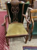 A Georgian style mahogany carver chair with pierce back and upholstered seat