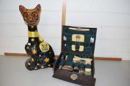 Cased Ivorine mother of pearl and silver plated mounted dressing table set together with a large Cat