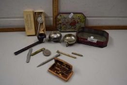 Mixed Lot: Three propelling pencils, white metal locket, penknives, white metal silver salts and