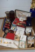 Quantity of assorted costume jewellery, coins, spill vases, trinket boxes etc