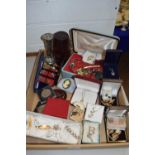 Quantity of assorted costume jewellery, coins, spill vases, trinket boxes etc