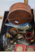 Mixed Lot: Leather collar box, glass whale, coins, whistle etc
