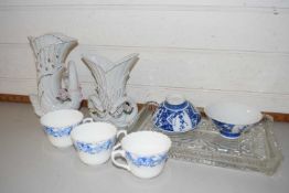 Mixed Lot: Glass dressing table tray, various tea wares, swan decorated vase