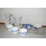 Mixed Lot: Glass dressing table tray, various tea wares, swan decorated vase