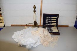 Mixed Lot: Cased fish cutlery, various linen items and table lamp