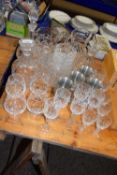 Collection of various assorted decanters, drinking glasses, pewter goblets, jugs etc