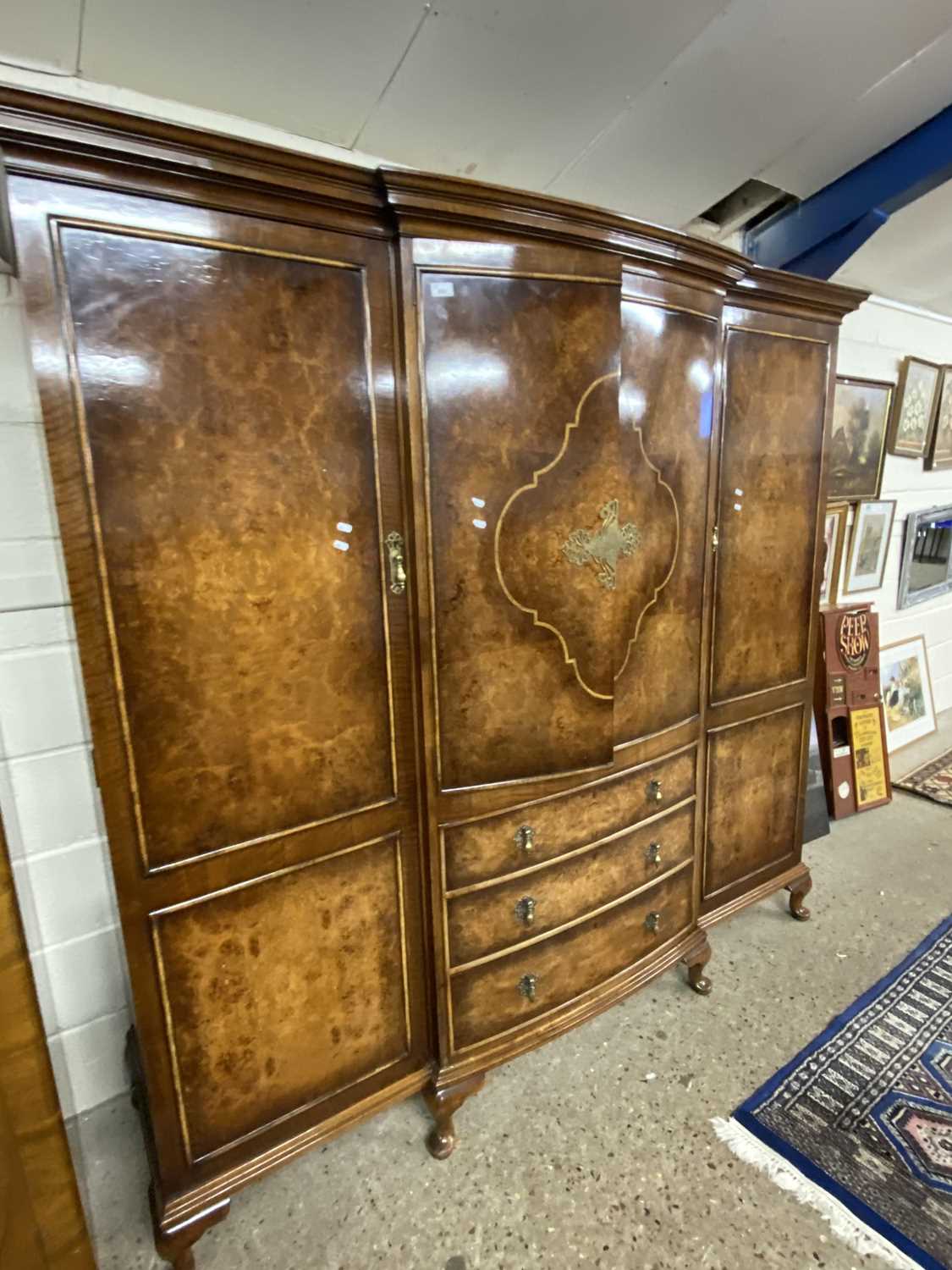 Waring & Gillows burr walnut veneered wardrobe of large proportions with two central doors over