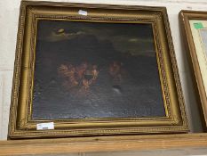 19th Century school study of figures around a camp fire, oil on canvas, gilt framed