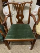 Provincial Georgian style mahogany carver chair with pierced back and green upholstered seat