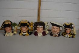 Five various Royal Doulton character jugs, Henry VIII, Shakespeare, Napoleon, Lord Nelson and