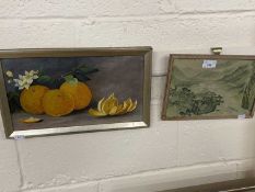 Still life study of oranges, oil on canvas together with a Oriental print (2)
