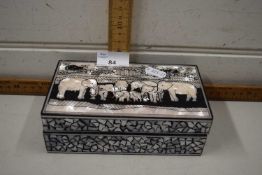 Shell inlaid trinket box, the top with a family of elephants