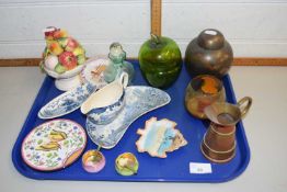 Tray of various assorted mixed wares, metal ginger jar, porcelain fruit, various other ceramics