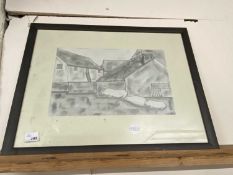 Contemporary school study of pigs by barns, pencil and charcoal, indistinctly signed possibly Hesle,