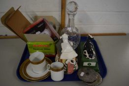Tray of mixed items to include gilt decorated cup and saucer, novelty teapot, butter dish etc