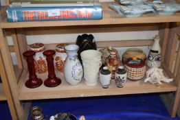 Mixed Lot: Pair of red glass candlesticks, pair of ginger jars, other ceramics etc