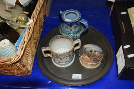 Mixed Lot: God Speed the Plough loving cup together with a pot lid and base, jug and a round metal