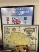 Framed map of Norfolk and a framed print marked 100 Years of Armed Forces Gallanty