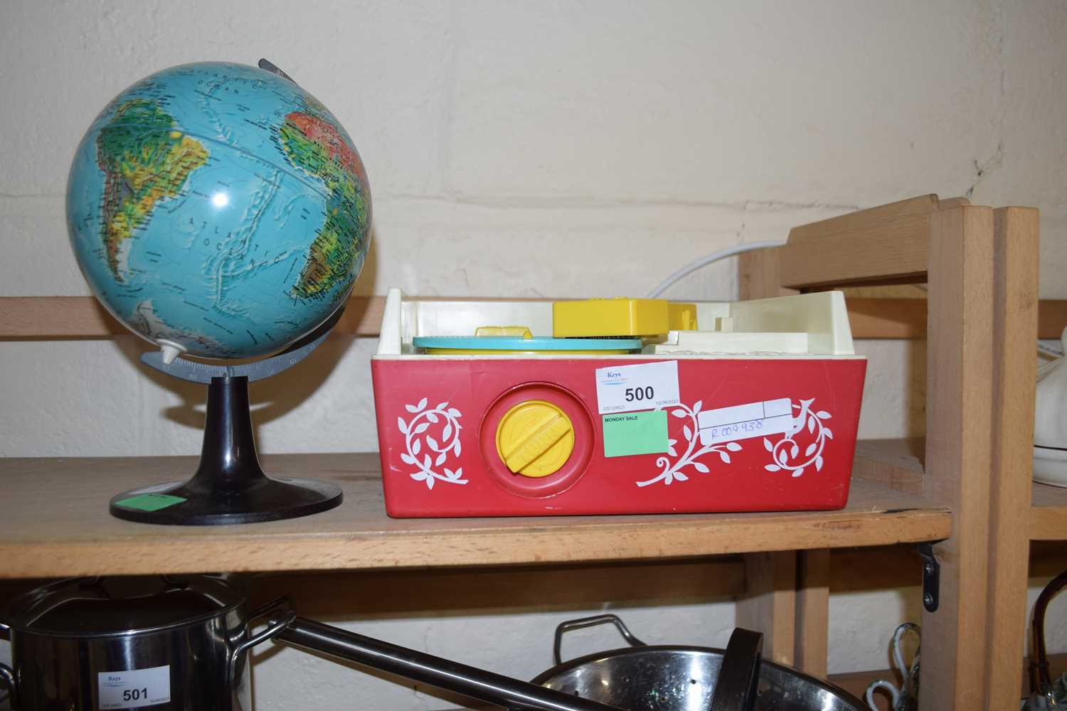 Fisherprice music box/record player together with a small globe on stand