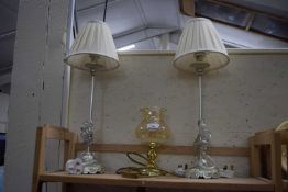 Pair of table lamps with cream shades together with a brass effect and glass lamp (3)