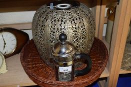 A three cup cafetiere together with a white metal light shade and a basket/tray