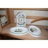 Two oval Portmeirion pin trays together with a Portmeirion mantel clock