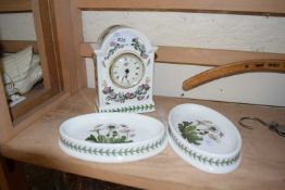 Two oval Portmeirion pin trays together with a Portmeirion mantel clock