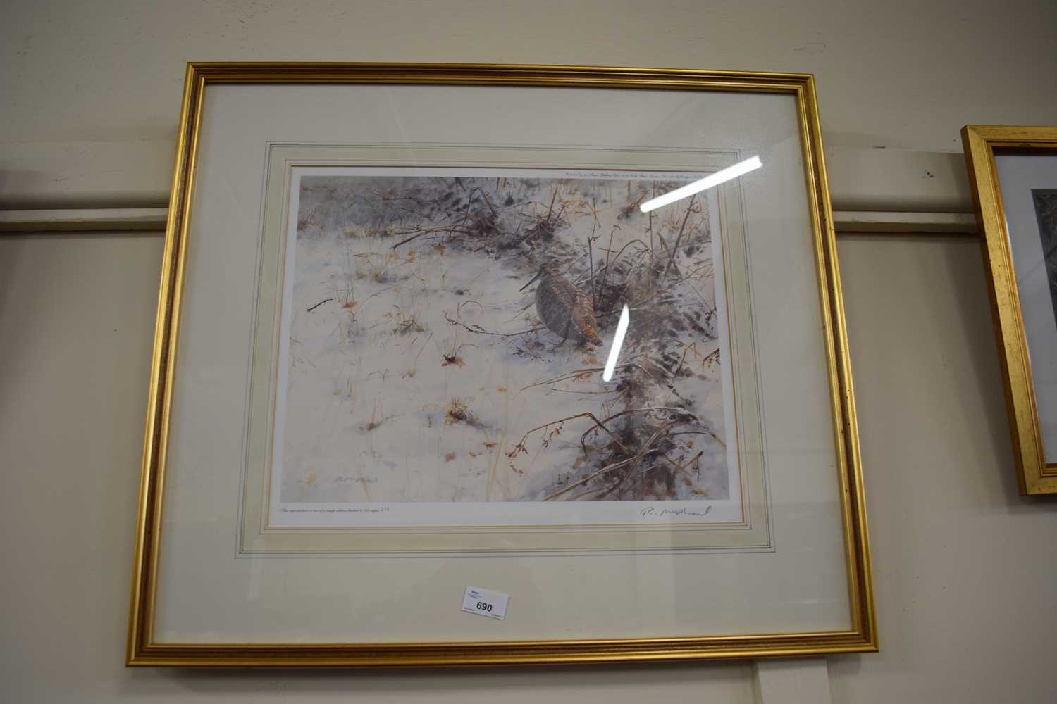 Rodger McPhal woodcock in snow, coloured print, limited edition, 395 of 500, framed and glazed