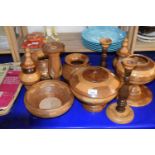 Quantity of turned wooden items to include bowls, tazzas, candlesticks, vases etc