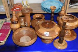 Quantity of turned wooden items to include bowls, tazzas, candlesticks, vases etc