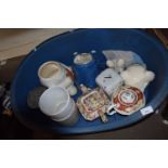 Blue dog basket and a quantity of assorted ceramics to include teapots, money boxes, biscuit barrels