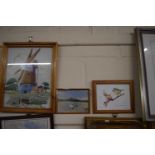 An embroidered picture of a windmill together with print of seagulls on shore and a blue tit on a