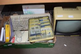 Box of various vintage keyboards and computer discs etc together with a Kaga vintage monitor