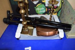 Three brass candlesticks, quantity of weights, copper ashtrays etc