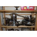 Quantity of kitchen wares to include a four piece metal tea set on tray, pan etc